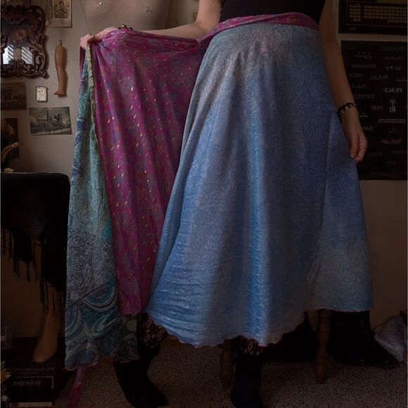 Silk Sari Wrap Around Magic Skirt Women's One Size Pink Blue Reversible Maxi - Picture 9 of 13